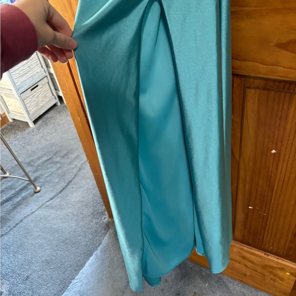 Teal Satin Criss Cross Gown - Picture 9 of 11